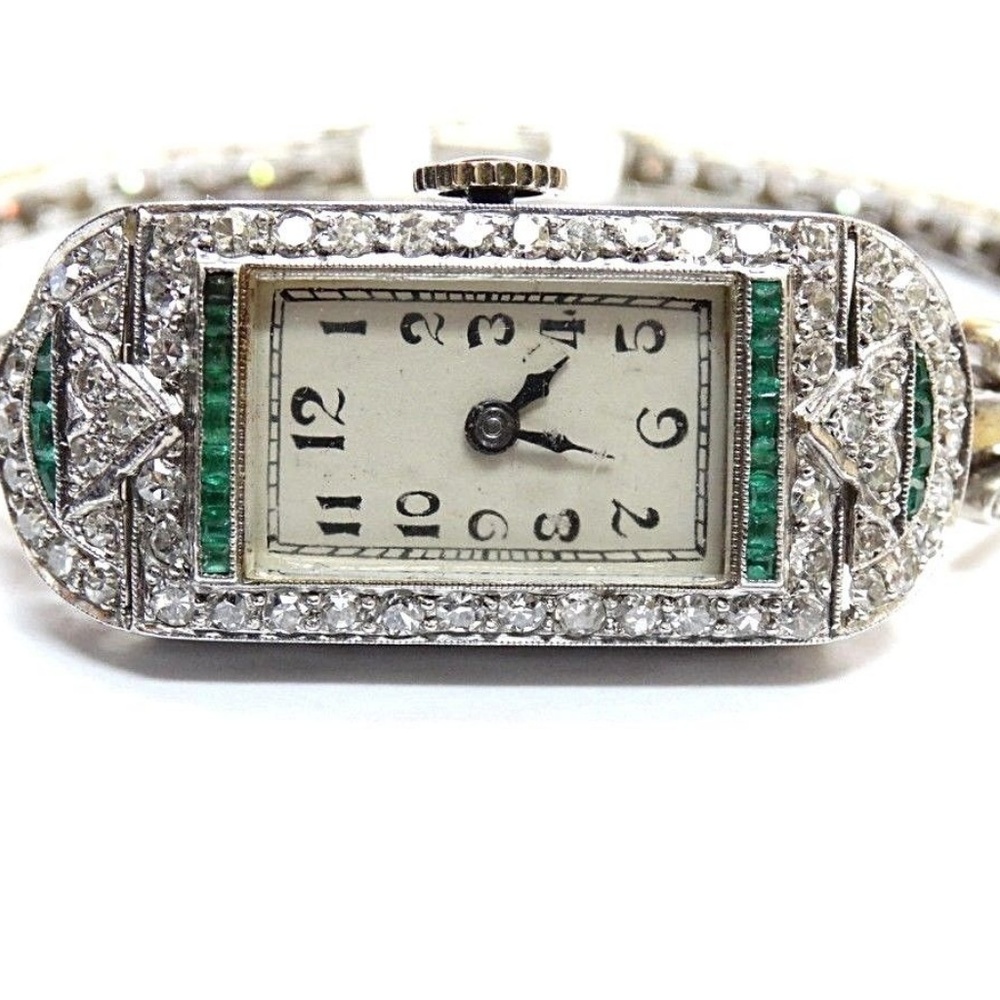 Antique Art Deco 14k WG Emerald Diamond Watch